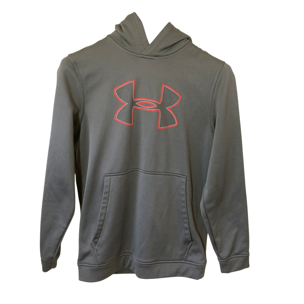 Under Armour Boys Storm Big Logo Hoodie Gray Red Sweatshirt Pullover Medium